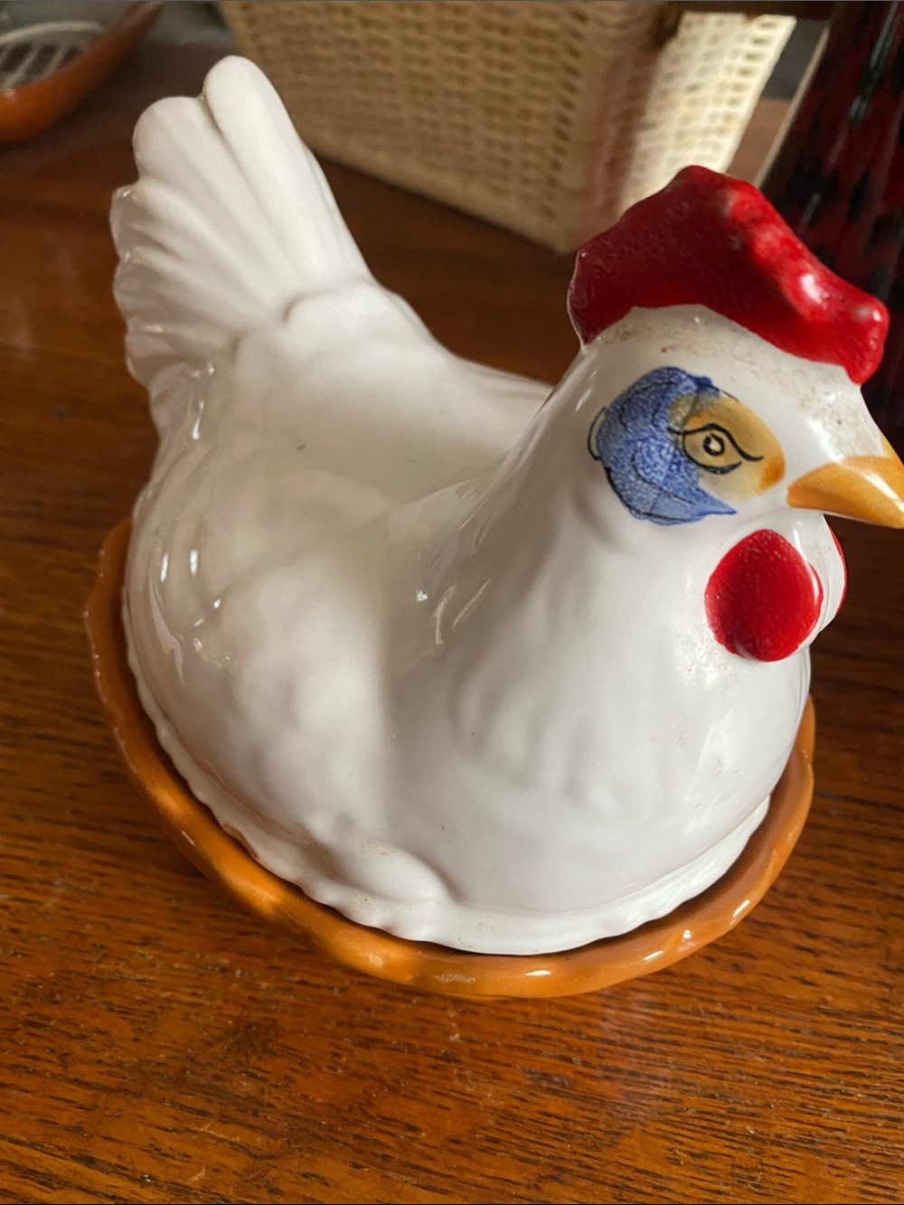 White Ceramic Hen Covered Dish with Red and Gold Accents